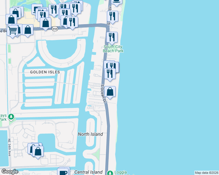 map of restaurants, bars, coffee shops, grocery stores, and more near 2030 South Ocean Drive in Hallandale Beach