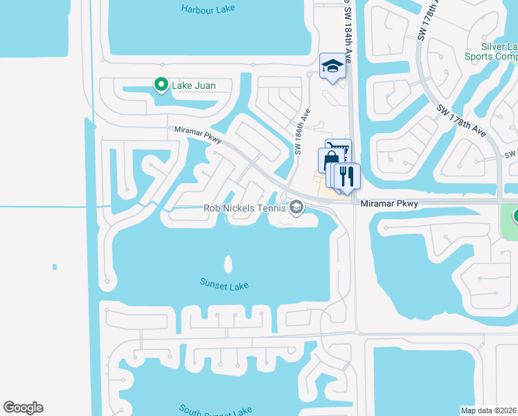 map of restaurants, bars, coffee shops, grocery stores, and more near 3101 Southwest 186th Terrace in Miramar