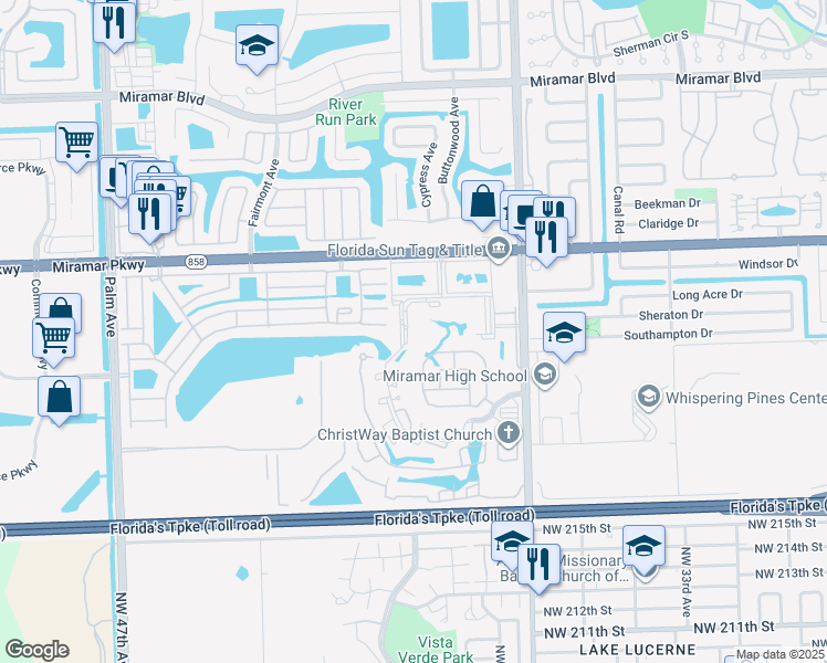 map of restaurants, bars, coffee shops, grocery stores, and more near 3396 Foxcroft Road in Miramar