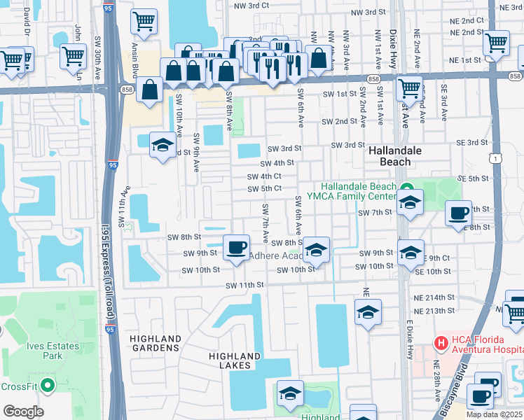 map of restaurants, bars, coffee shops, grocery stores, and more near 721 Southwest 6th Street in Hallandale Beach