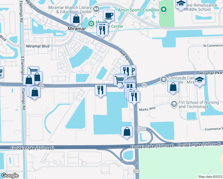 map of restaurants, bars, coffee shops, grocery stores, and more near 11602-11682 Miramar Parkway in Miramar