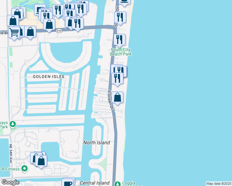 map of restaurants, bars, coffee shops, grocery stores, and more near 2030 South Ocean Drive in Hallandale Beach