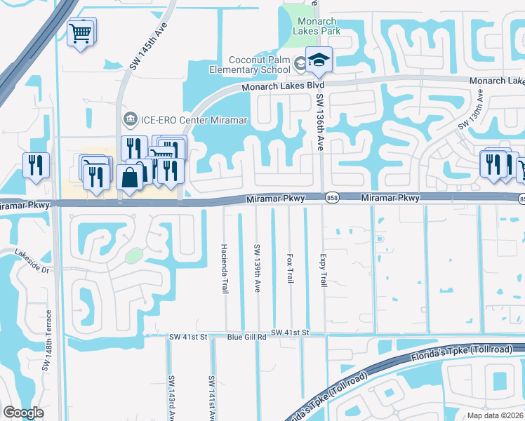 map of restaurants, bars, coffee shops, grocery stores, and more near 3301 Southwest 139th Avenue in Miramar