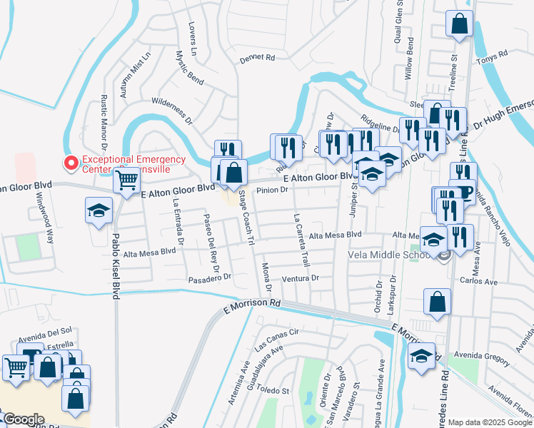 map of restaurants, bars, coffee shops, grocery stores, and more near 1451 Codorniz Drive in Brownsville