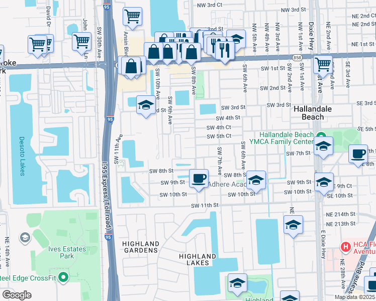 map of restaurants, bars, coffee shops, grocery stores, and more near 602 Southwest 8th Avenue in Hallandale Beach