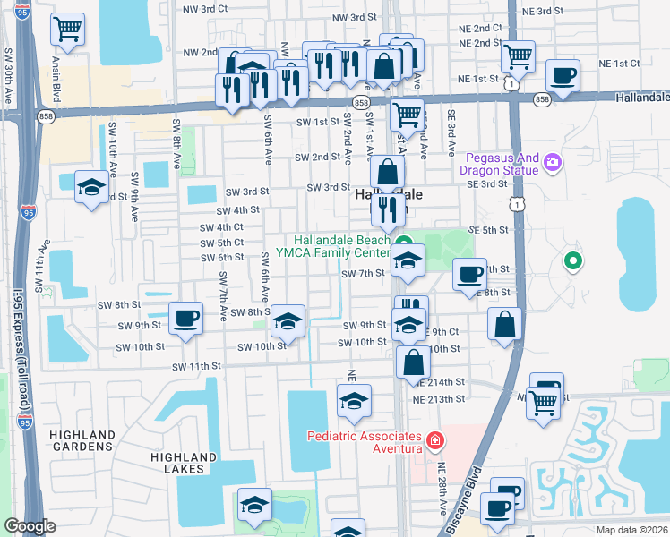 map of restaurants, bars, coffee shops, grocery stores, and more near 609 Southwest 3rd Avenue in Hallandale Beach