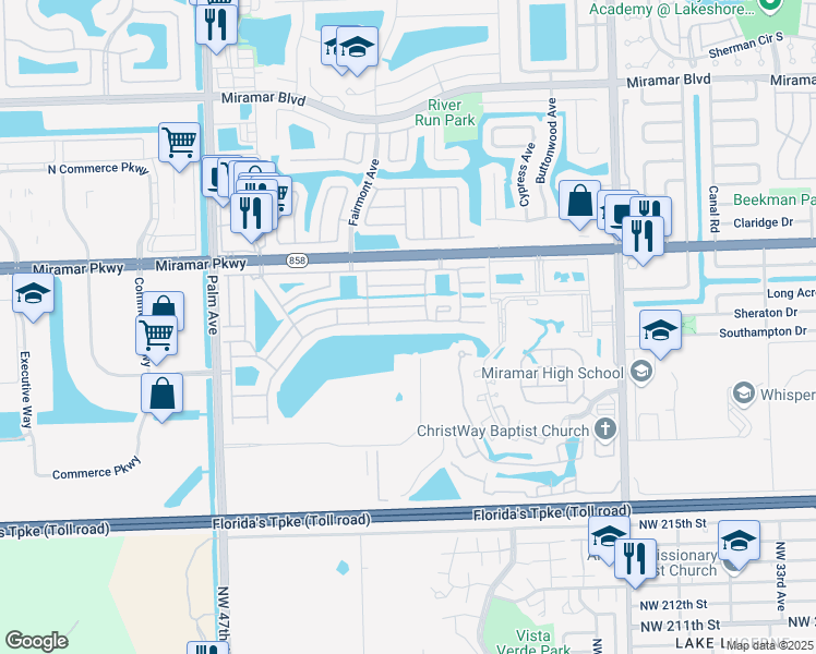 map of restaurants, bars, coffee shops, grocery stores, and more near 9511 West Daffodil Lane in Miramar