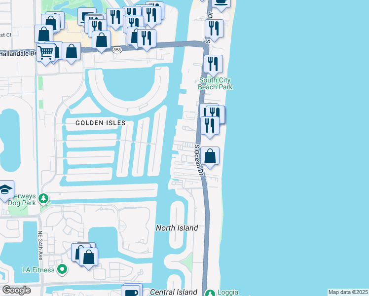 map of restaurants, bars, coffee shops, grocery stores, and more near 2017 South Ocean Drive in Hallandale Beach