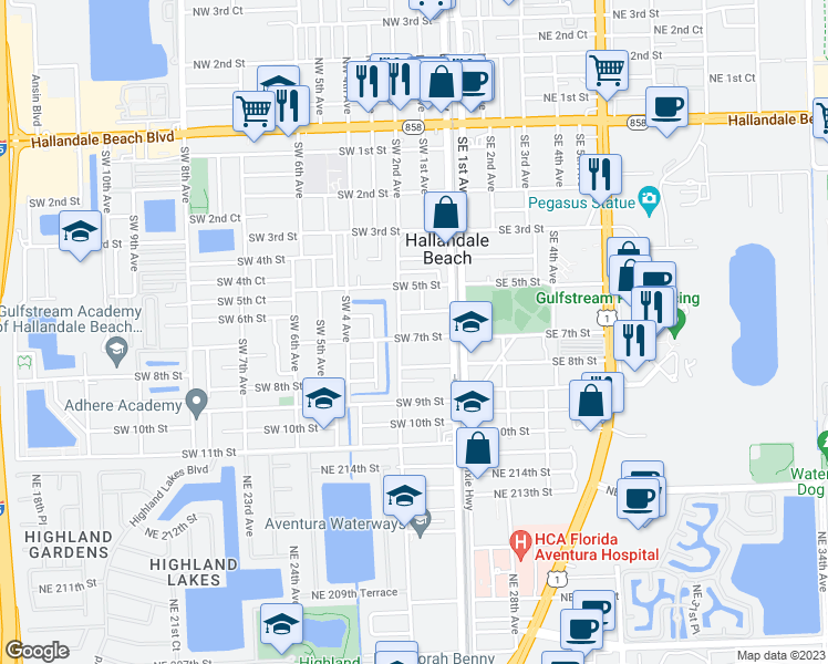 map of restaurants, bars, coffee shops, grocery stores, and more near 100 Southwest 7th Street in Hallandale Beach