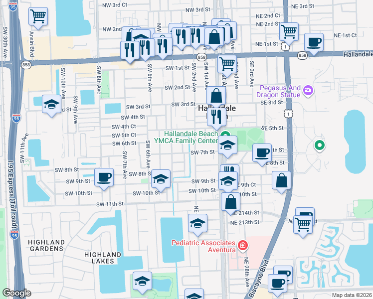 map of restaurants, bars, coffee shops, grocery stores, and more near 609 Southwest 3rd Avenue in Hallandale Beach