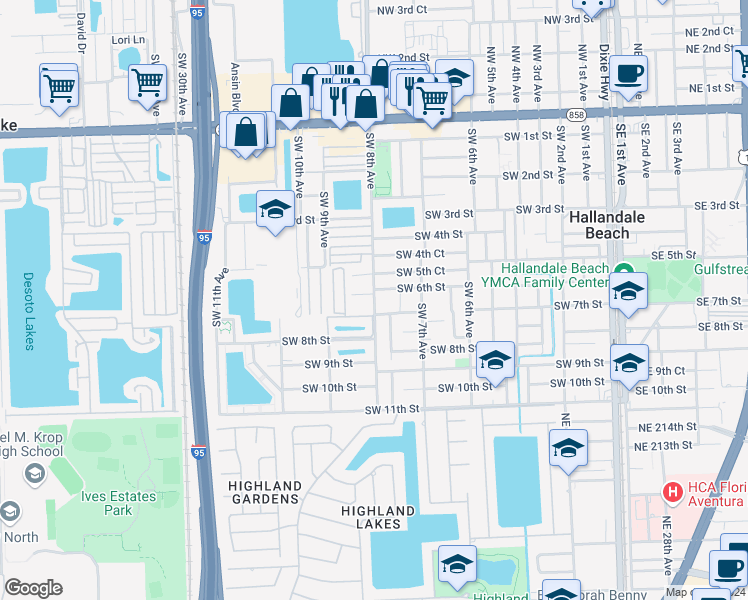 map of restaurants, bars, coffee shops, grocery stores, and more near 602 Southwest 8th Avenue in Hallandale Beach