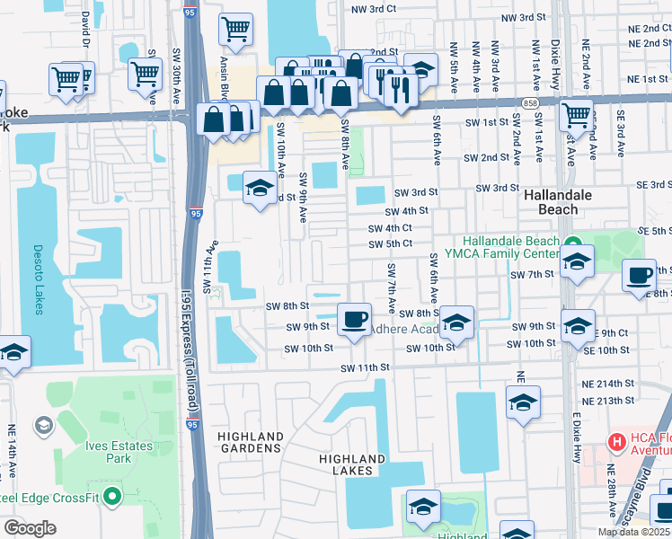 map of restaurants, bars, coffee shops, grocery stores, and more near 602 Southwest 8th Avenue in Hallandale Beach