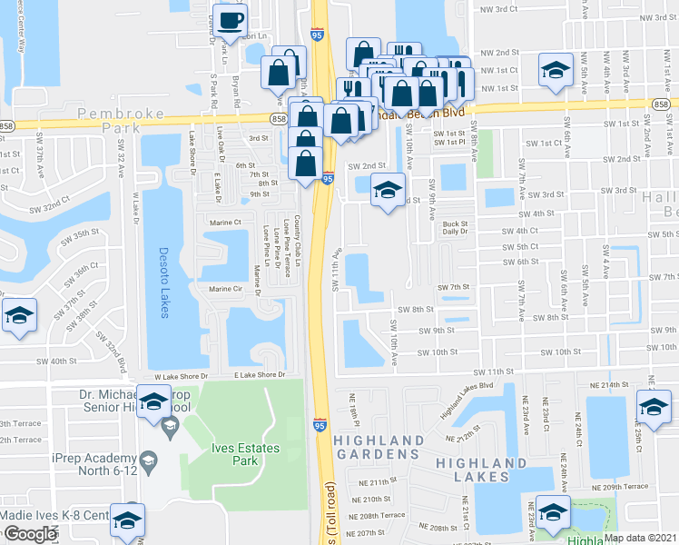 map of restaurants, bars, coffee shops, grocery stores, and more near 601 Southwest 11th Avenue in Hallandale Beach