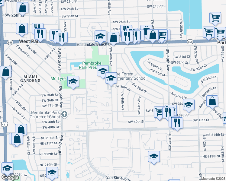 map of restaurants, bars, coffee shops, grocery stores, and more near 3610 Southwest 48th Avenue in Hollywood