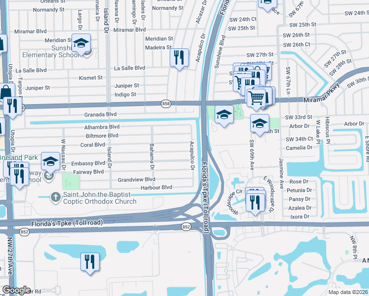 map of restaurants, bars, coffee shops, grocery stores, and more near 7150 Coral Boulevard in Miramar