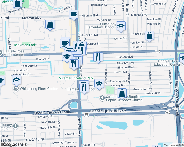 map of restaurants, bars, coffee shops, grocery stores, and more near 7845 Coral Boulevard in Miramar