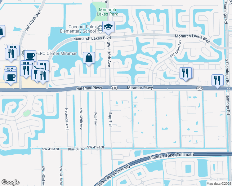 map of restaurants, bars, coffee shops, grocery stores, and more near 3301 Southwest 136th Avenue in Miramar