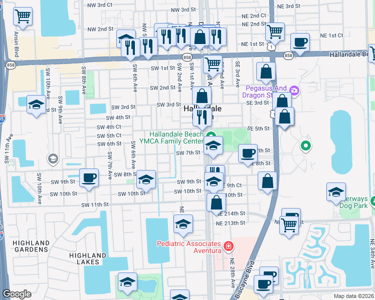 map of restaurants, bars, coffee shops, grocery stores, and more near 100 Southwest 7th Street in Hallandale Beach