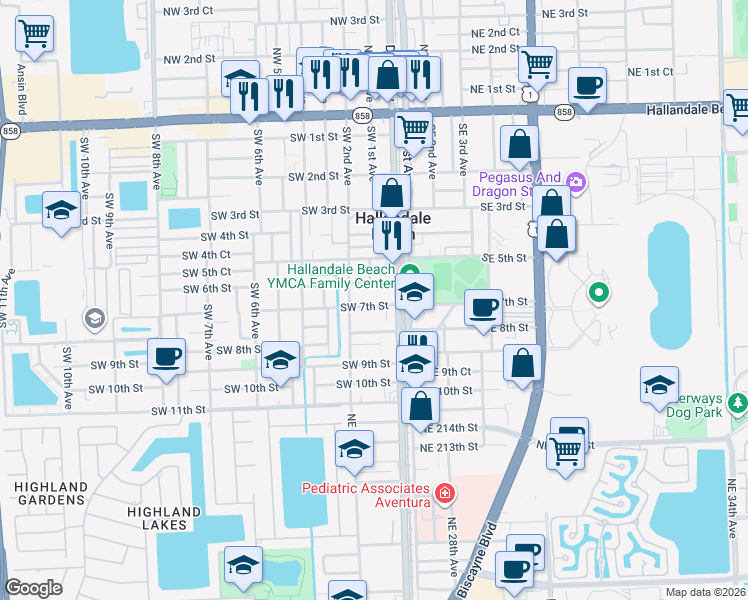 map of restaurants, bars, coffee shops, grocery stores, and more near 100 Southwest 7th Street in Hallandale Beach