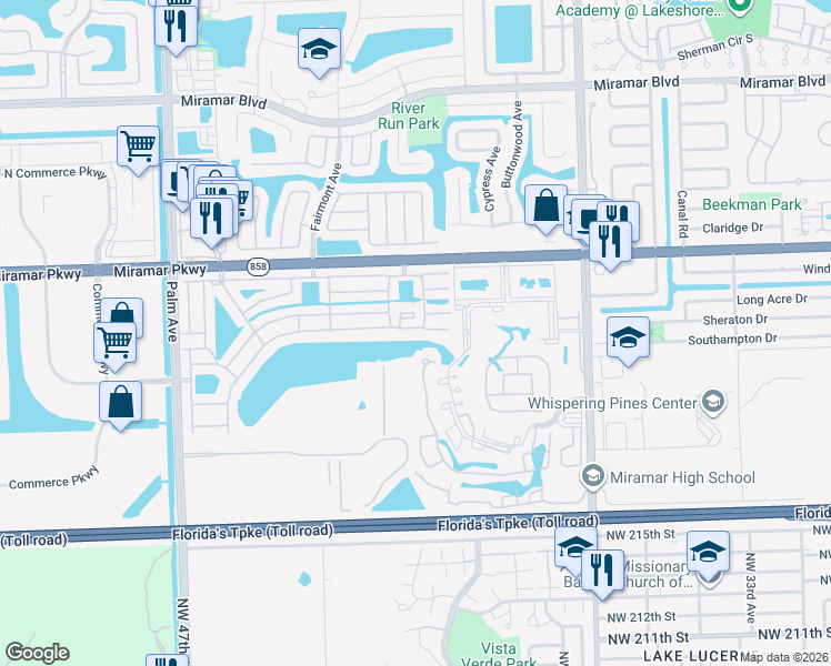 map of restaurants, bars, coffee shops, grocery stores, and more near 9390 South Meadows Circle in Miramar