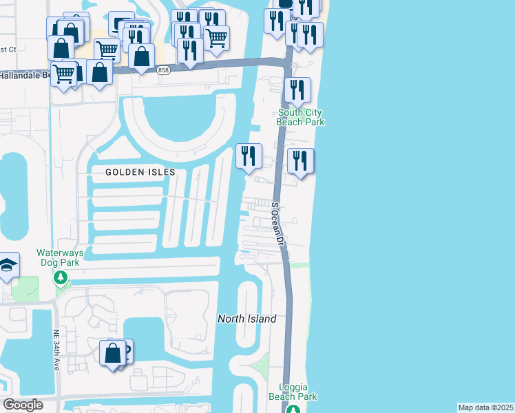 map of restaurants, bars, coffee shops, grocery stores, and more near 2017 South Ocean Drive in Hallandale Beach
