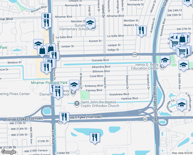 map of restaurants, bars, coffee shops, grocery stores, and more near 7732 Coral Boulevard in Miramar