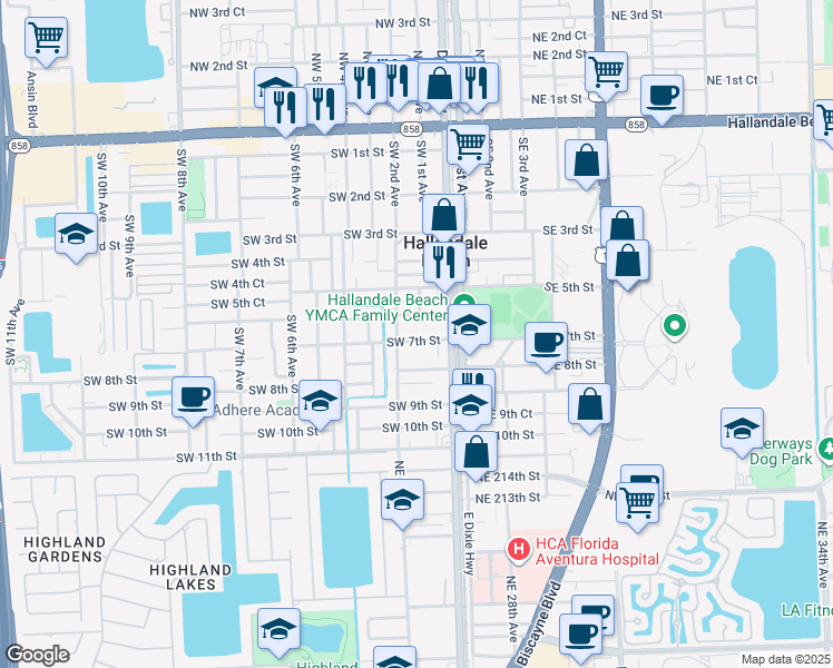 map of restaurants, bars, coffee shops, grocery stores, and more near 100 Southwest 7th Street in Hallandale Beach