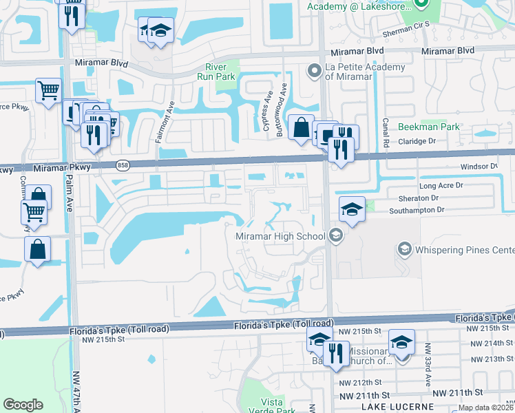 map of restaurants, bars, coffee shops, grocery stores, and more near 3406 Foxcroft Road in Miramar