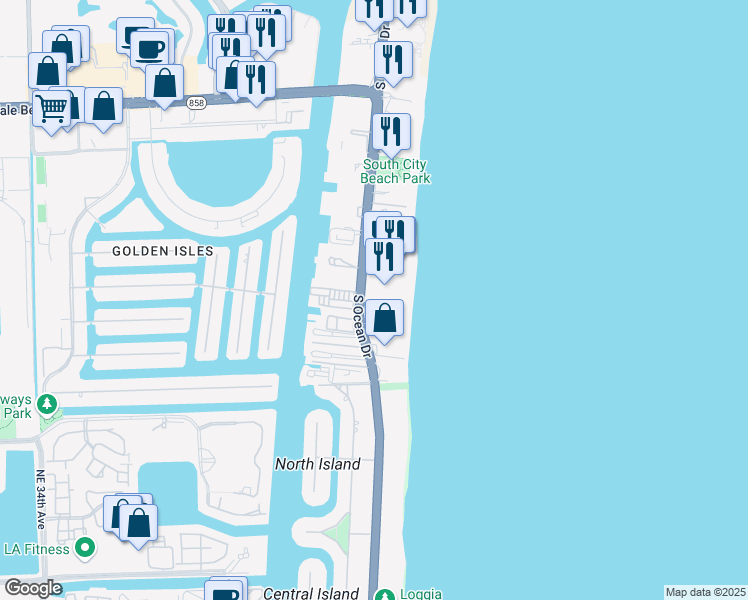 map of restaurants, bars, coffee shops, grocery stores, and more near 2030 South Ocean Drive in Hallandale Beach