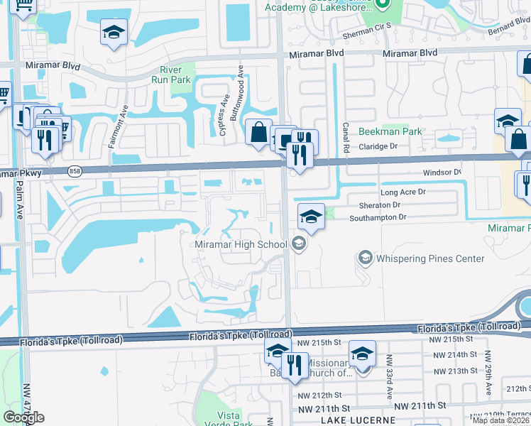 map of restaurants, bars, coffee shops, grocery stores, and more near 3390 Foxcroft Road in Miramar