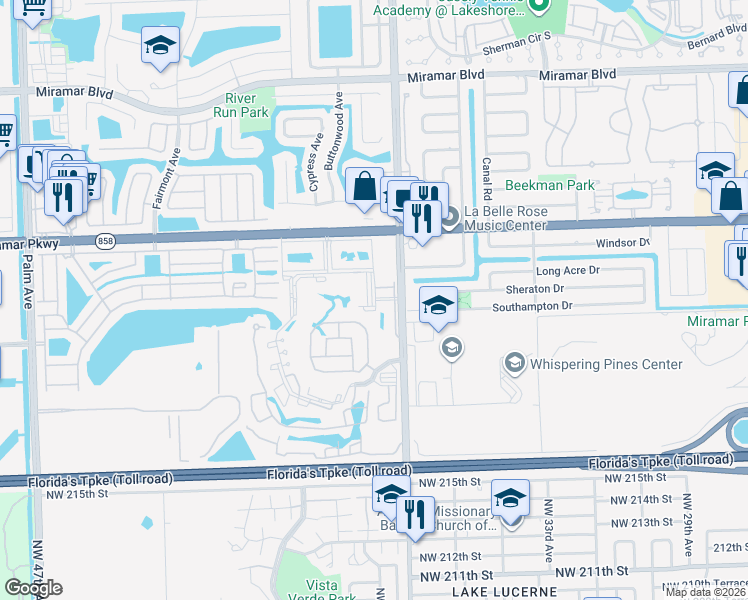 map of restaurants, bars, coffee shops, grocery stores, and more near 3390 Foxcroft Road in Miramar