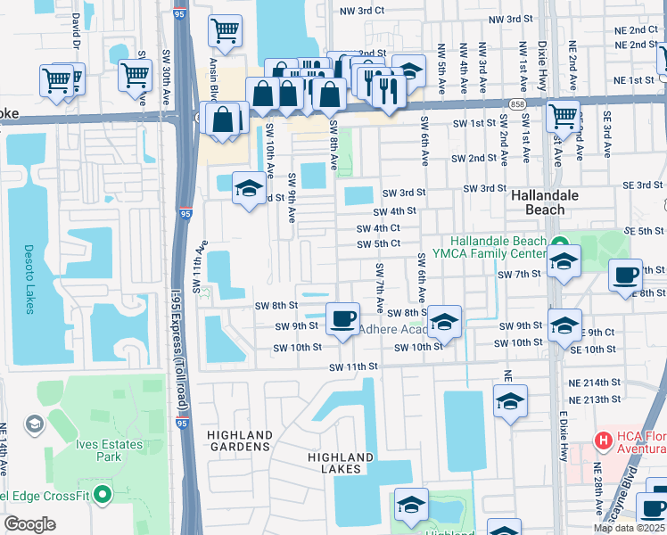 map of restaurants, bars, coffee shops, grocery stores, and more near 602 Southwest 8th Avenue in Hallandale Beach