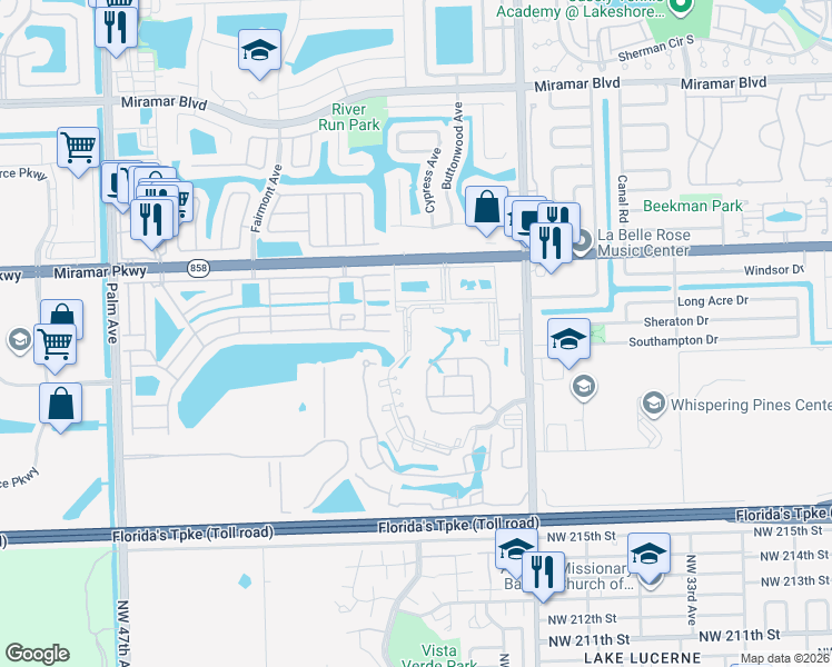 map of restaurants, bars, coffee shops, grocery stores, and more near 3396 Foxcroft Road in Miramar