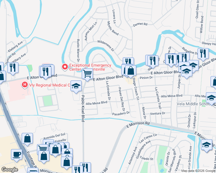 map of restaurants, bars, coffee shops, grocery stores, and more near 4983 La Entrada Drive in Brownsville