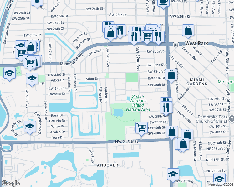 map of restaurants, bars, coffee shops, grocery stores, and more near 3432 Southwest 63rd Way in Miramar