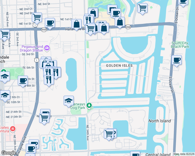 map of restaurants, bars, coffee shops, grocery stores, and more near 485 Sunset Drive in Hallandale Beach