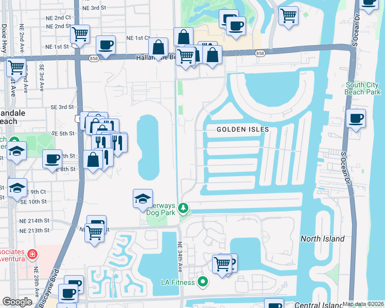 map of restaurants, bars, coffee shops, grocery stores, and more near 600 Layne Boulevard in Hallandale Beach