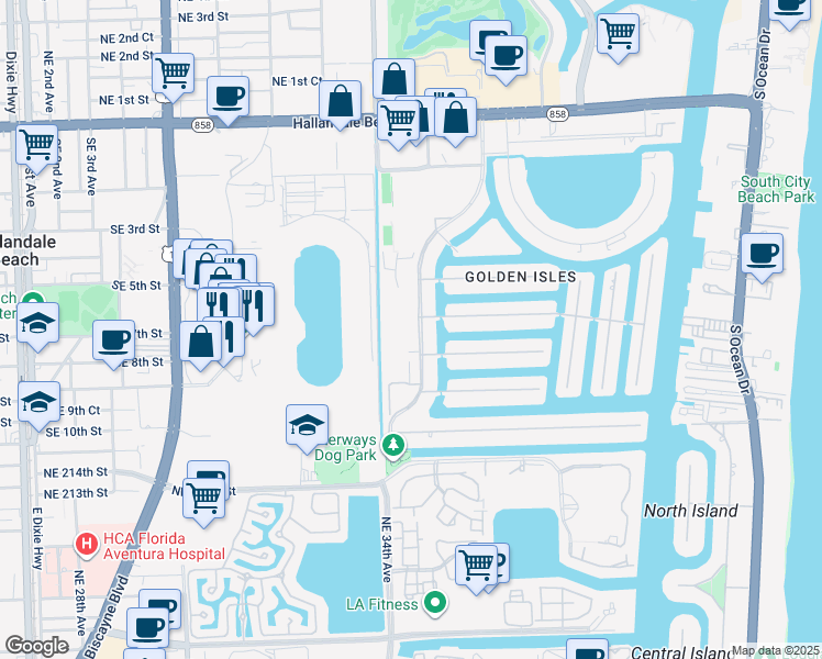map of restaurants, bars, coffee shops, grocery stores, and more near 600 Layne Boulevard in Hallandale Beach