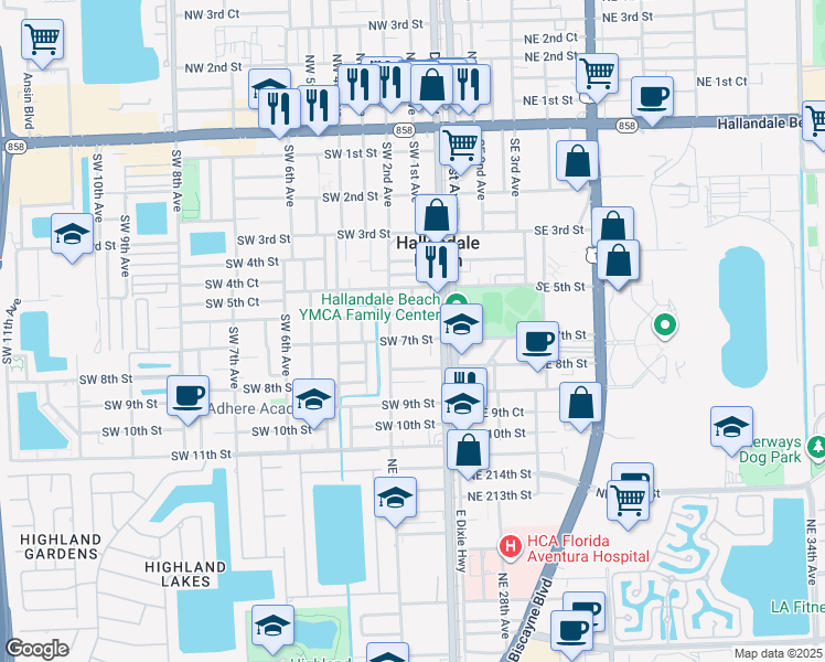 map of restaurants, bars, coffee shops, grocery stores, and more near 100 Southwest 7th Street in Hallandale Beach