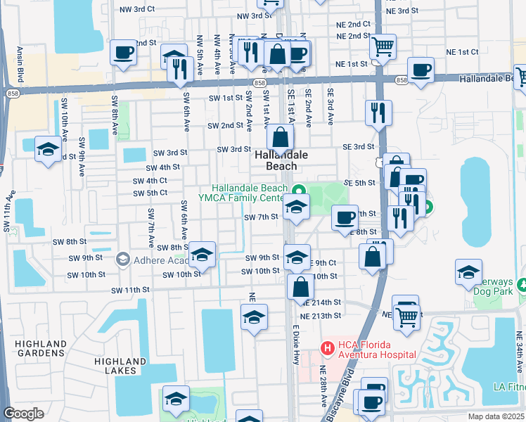 map of restaurants, bars, coffee shops, grocery stores, and more near 100 Southwest 7th Street in Hallandale Beach