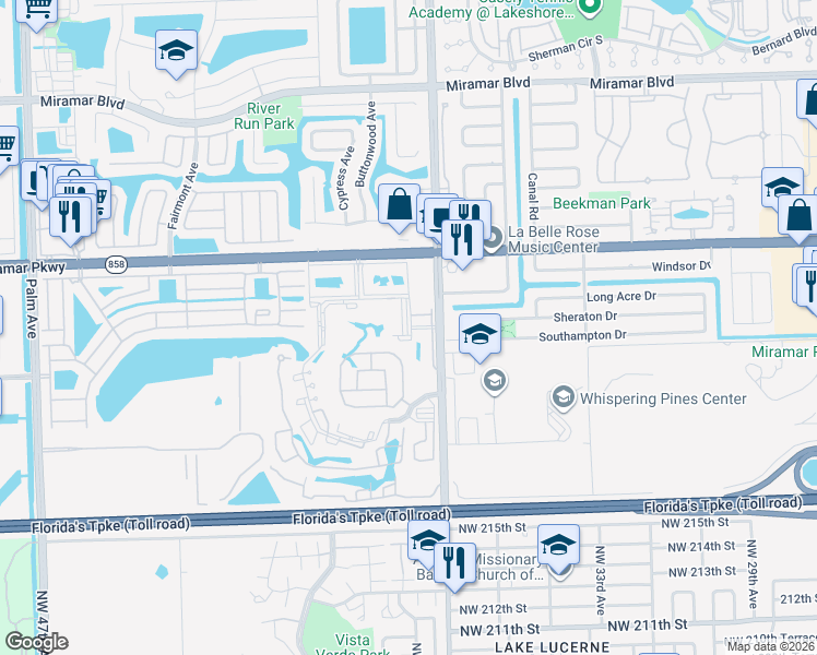 map of restaurants, bars, coffee shops, grocery stores, and more near 3390 Foxcroft Road in Miramar