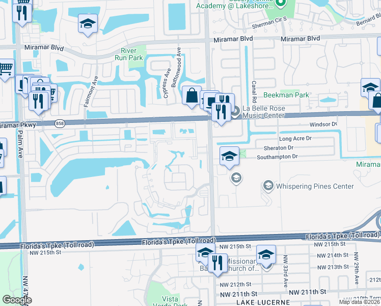 map of restaurants, bars, coffee shops, grocery stores, and more near 9077 Southwest 34th Court in Miramar