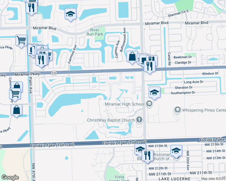 map of restaurants, bars, coffee shops, grocery stores, and more near 3396 Foxcroft Road in Miramar