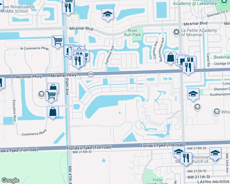 map of restaurants, bars, coffee shops, grocery stores, and more near 9631 West Daffodil Lane in Miramar