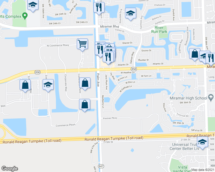 map of restaurants, bars, coffee shops, grocery stores, and more near 3421 Java Plum Avenue in Miramar