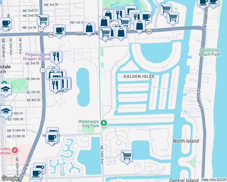map of restaurants, bars, coffee shops, grocery stores, and more near 485 Sunset Drive in Hallandale Beach