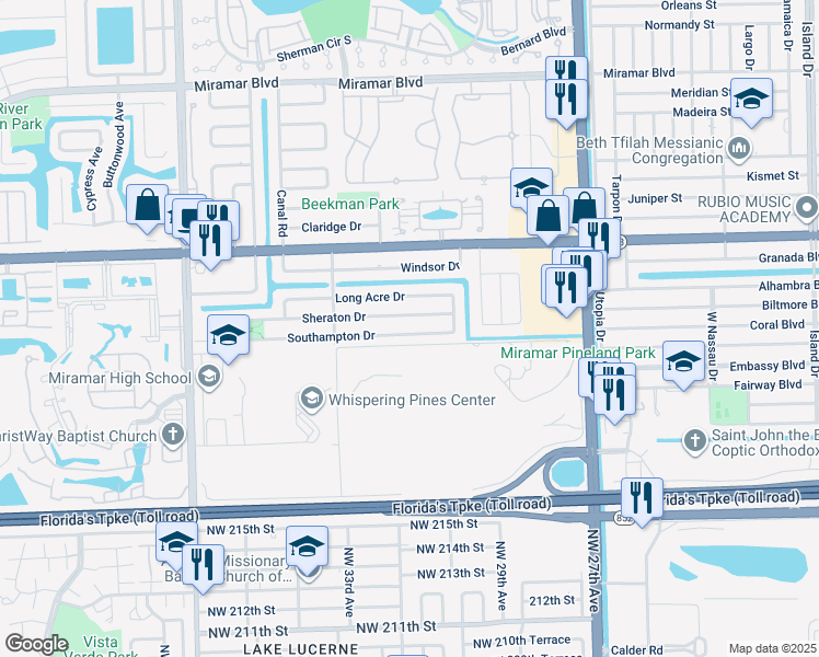 map of restaurants, bars, coffee shops, grocery stores, and more near 8465 Southampton Drive in Miramar