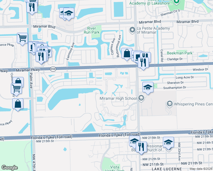 map of restaurants, bars, coffee shops, grocery stores, and more near 3406 Foxcroft Road in Miramar