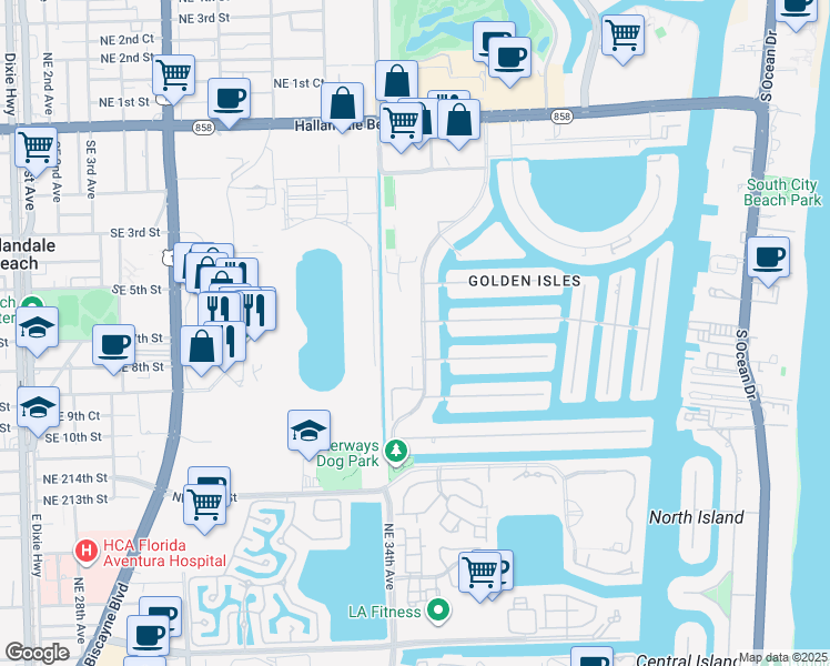 map of restaurants, bars, coffee shops, grocery stores, and more near 600 Layne Boulevard in Hallandale Beach