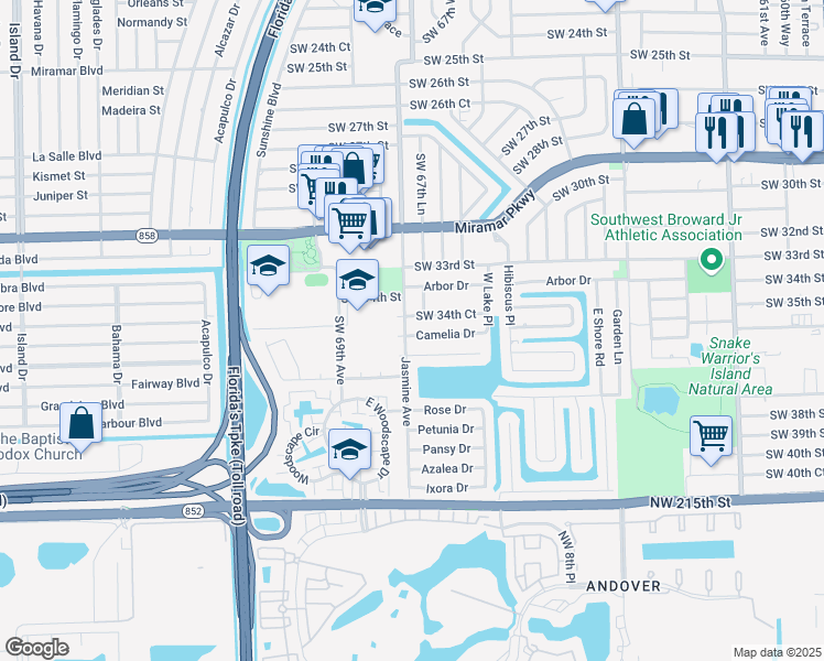 map of restaurants, bars, coffee shops, grocery stores, and more near 6773 Camelia Drive in Miramar
